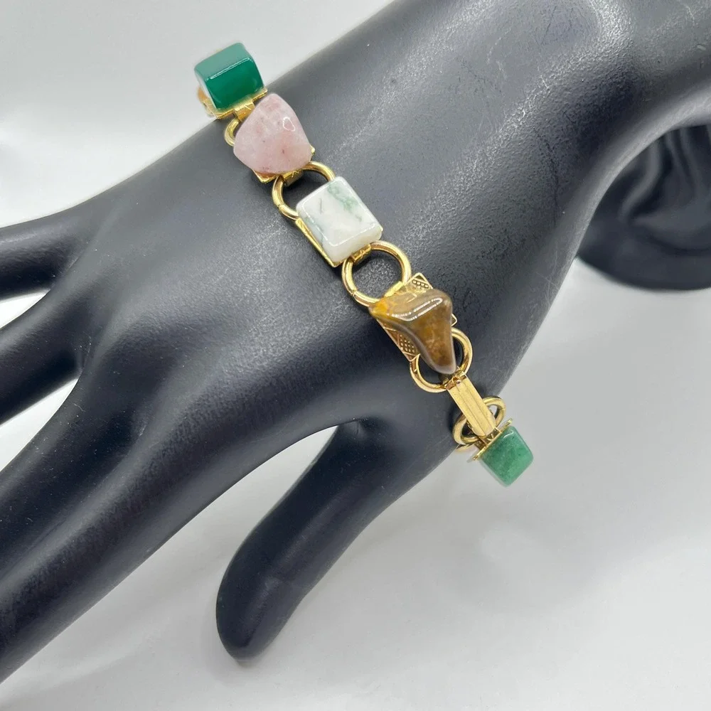 Vintage Gold Tone Link Chain Semi-Precious Natural Stone Chip Bracelet